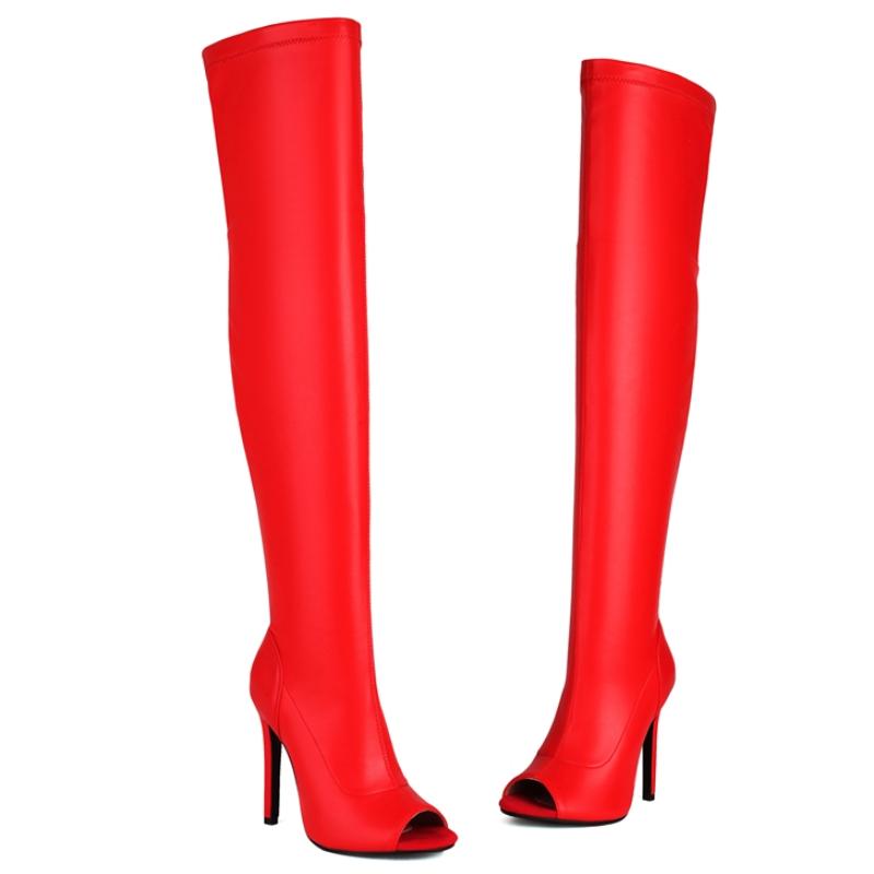 Модные сексуальные сапоги выше колена с открытым носком, женские эластичные красные, белые, черные, на каблуках, длинные сапоги для ночного клуба, танцевальная обувь для вечеринок, женские, большие размеры