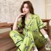 Ice Silk Pajamas Women's Pajamas Short Sleeve Long Pants Thin Set Green Herringbone Zebra Casual Pajamas Set