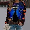 Spring and Autumn Round Neck Halloween Cat Pattern 3D Printed Top Fashionable Casual Long Sleeved Women's T-shirts