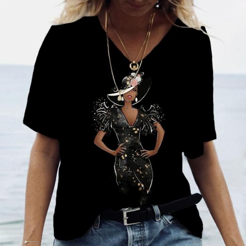 S-5XL Большие размеры Топы с принтом Женская футболка Сексуальный V-образный вырез Короткий рукав Летние женские топы Одежда Уличная мода Женские пуловеры