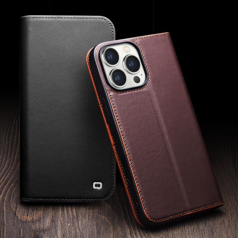 QIALINO Luxury Slim Handmade Phone Cases for iPhone Air 17 16 15 14 13 Pro Max Genuine Leather Wallet Card Slot Flip Cover Case