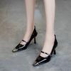 French Fashion High Heels Women's 2025 Spring New Metal Pointed Thin Heel Shallow Mouth Patent Leather One-word Buckle Strap Single Shoes