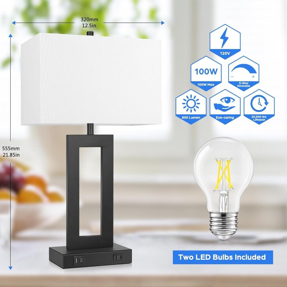 Set of 2 Modern Touch Control Table Lamps with 2 USB Ports, 22’’ Large Bedside Nightstand Lamps 3-Way Dimmable Desk Lamp