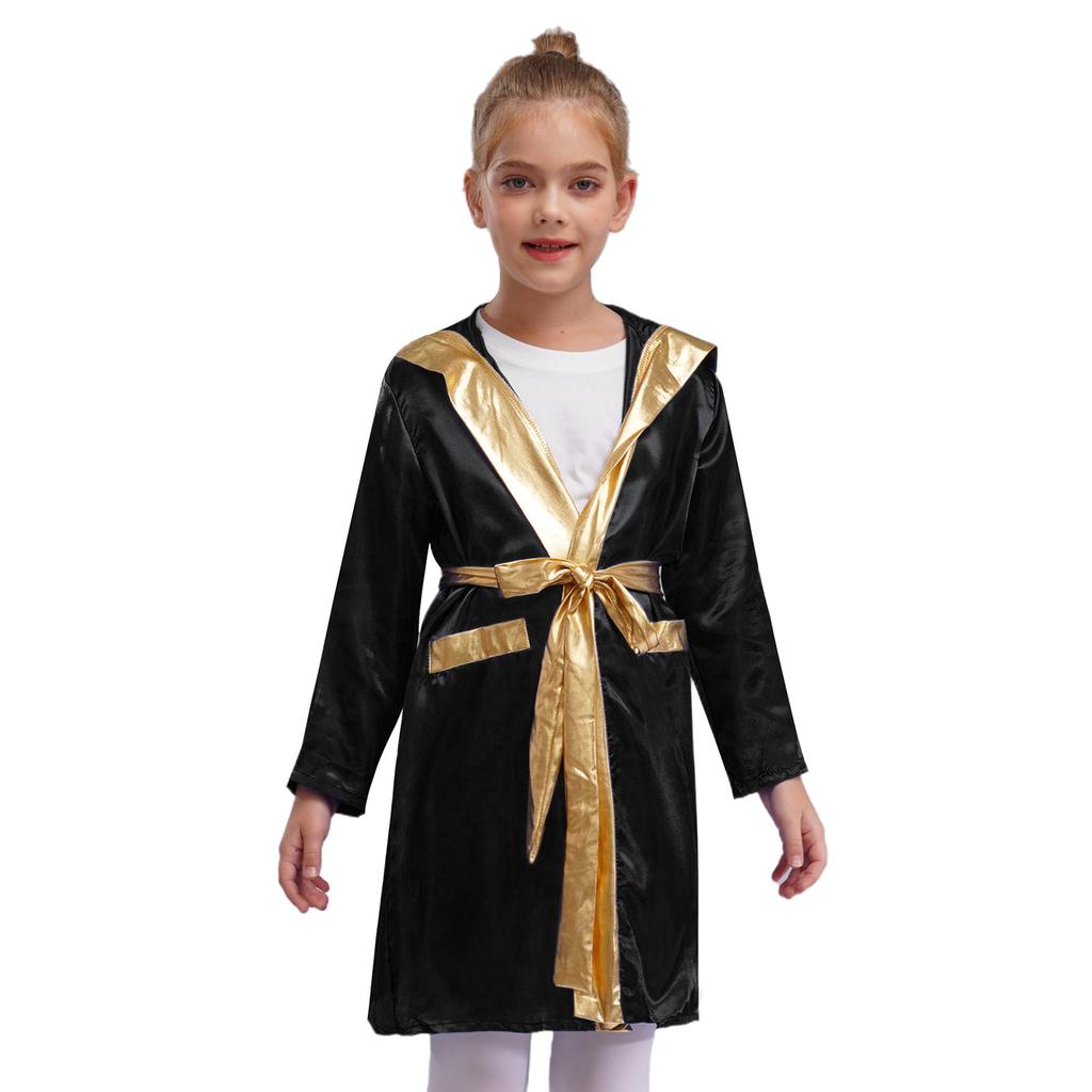 Kids Boys Boxing Robe Thai Kickboxing Costume Long Sleeve Open Front Hoodie Cloak with Belt Workout Sports Fitness Joggers
