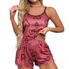 2 Pcs/Set Women Pajamas Set O Neck Sleeveless Heart Print Strappy Top Elastic High Waist Shirring Edge Loose Fit Shorts Homewear Vest Shorts