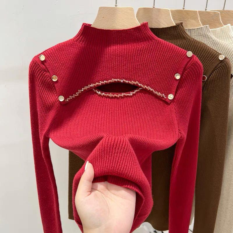 Модный дизайн Sense Hollow Out Half High Necked Толстый свитер для женщин Элегантный Новый свитер с низом Теплые топы Осень Зима Повседневный пуловер