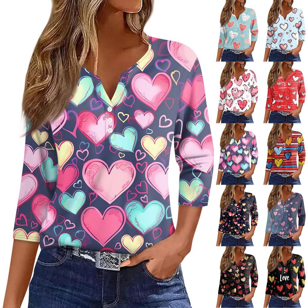 Женская футболка с принтом ко Дню святого Валентина, на пуговицах, рукав 3/4, туника, повседневная мода на выходные, базовый топ с V-образным вырезом