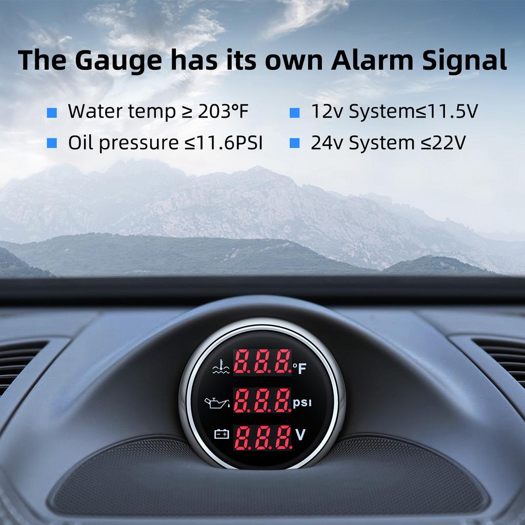 52mm 3 in 1 Gauge Water Temp +Oil Pressure + Voltage Digital LCD Meter With Alarm Universal For Marine Boat Car Truck 12V 24V
