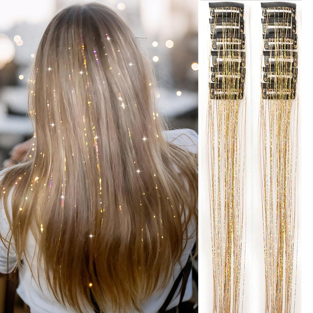 12pcs Synthetic Hair Tinsel Clip in 20inch Glitter Tinsel Hair Clip in Hair Tinsel Kit Heat Resistant Shiny Sparkle Fairy Hair
