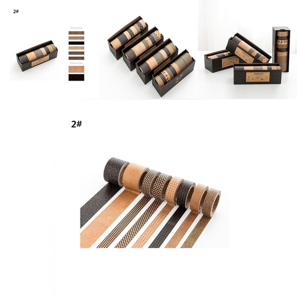Stylish 8pcs/set Kraft Paper Tape Masking Pattern Vintage Traveller's Notebook Craft Ideal For Scrapbooking