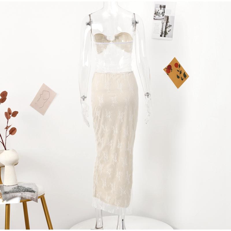 Сексуальные комплекты юбок без бретелек с кружевным принтом, женский прозрачный укороченный топ, длинная юбка, одинаковый комплект, женский костюм из двух предметов для ночного клуба