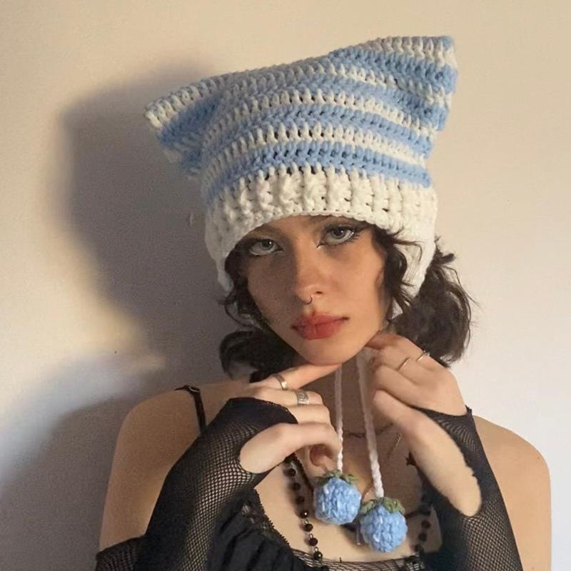 Женская шерстяная шапка с клубничным ремешком и кошачьими ушками в полоску, трикотажная защитная шапка для ушей, защищающая от холода