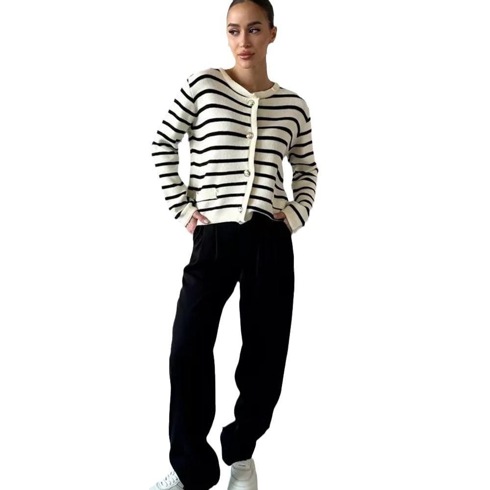 Striped Knitted Cardigan Female Fall Round Neck Short Section Sweater Jacket Comfortable Versatile and Fashionable