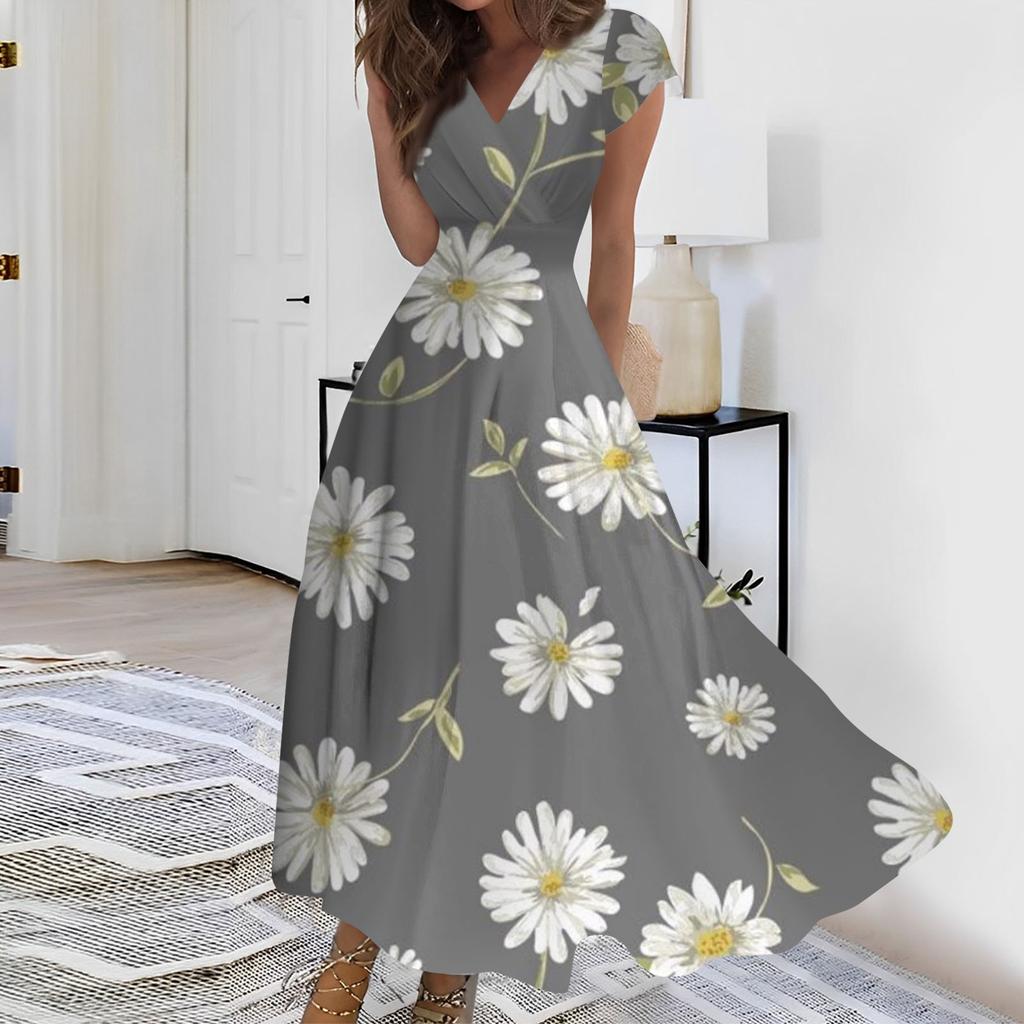 Женское длинное повседневное платье. Летнее платье с короткими рукавами и v-образным вырезом на талии с принтом.