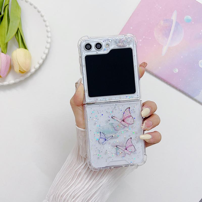 Складные чехлы с блестящим узором бабочек для Samsung, раскладывающиеся/складные, 6, 5, 4, 3, противоударный, блестящий, прозрачный чехол для телефона