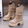 2025 Осень Зима Новые Модные Женские Плиссированные Ботинки До Середины Икры На Платформе 5 см Квадратный Каблук Короткие Элегантные Массивные Ботинки Для Девочек На Открытом Воздухе