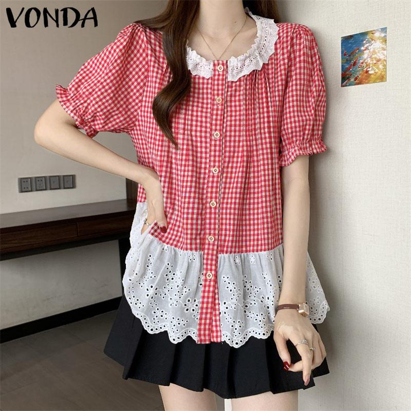 VONDA Women Short Sleeve Plaid Lace Crochet Ruffled Casual Blouse
