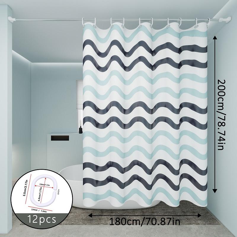 Wave Pattern Shower Curtain Blue And Gray Stripes Bathroom Decor Waterproof Fabric Curtains For Modern Coastal Bathrooms