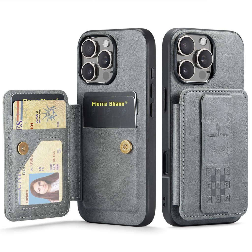 FIERRE SHANN 024 Чехол для iPhone 16 Pro с держателем для карт и подставкой, вощеная текстура, кожа+ТПУ чехол для телефона