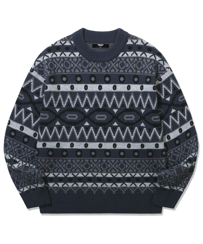 TRILLION Винтажный жаккардовый джемпер Fair Isle с круглым вырезом_Темно-синий