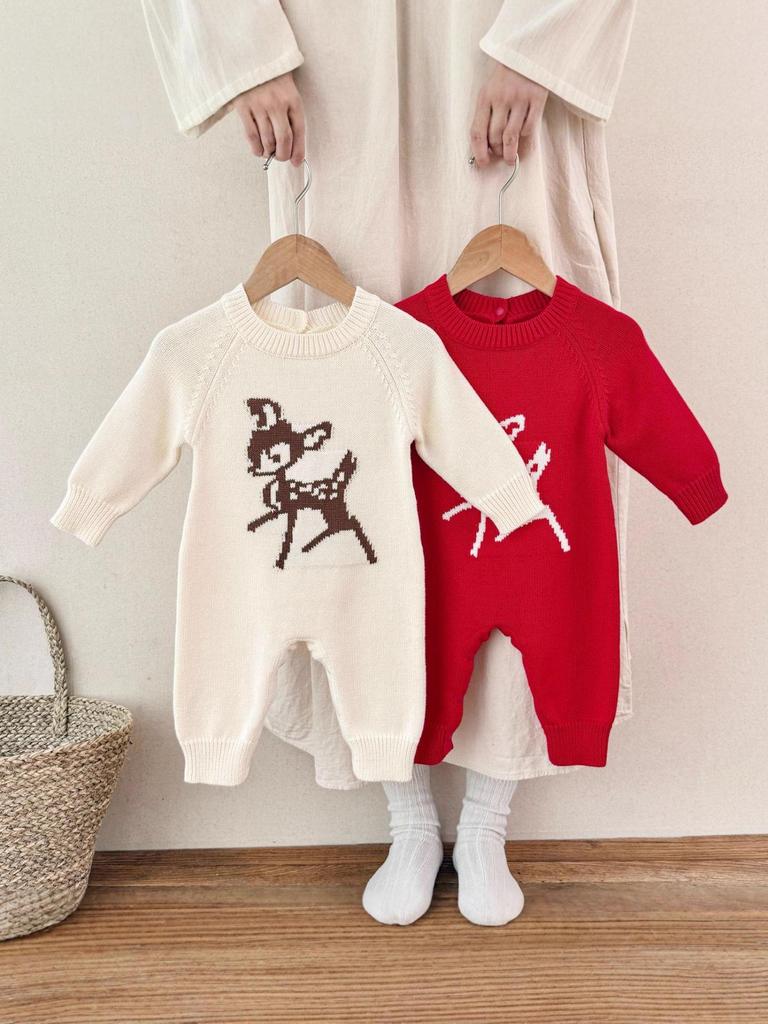 Best-Selling Knitted Plum Blossom & Deer Romper for Babies - Pure Cotton Spring & Autumn Suit for Boys and Girls (Full Moon, One Year Old)