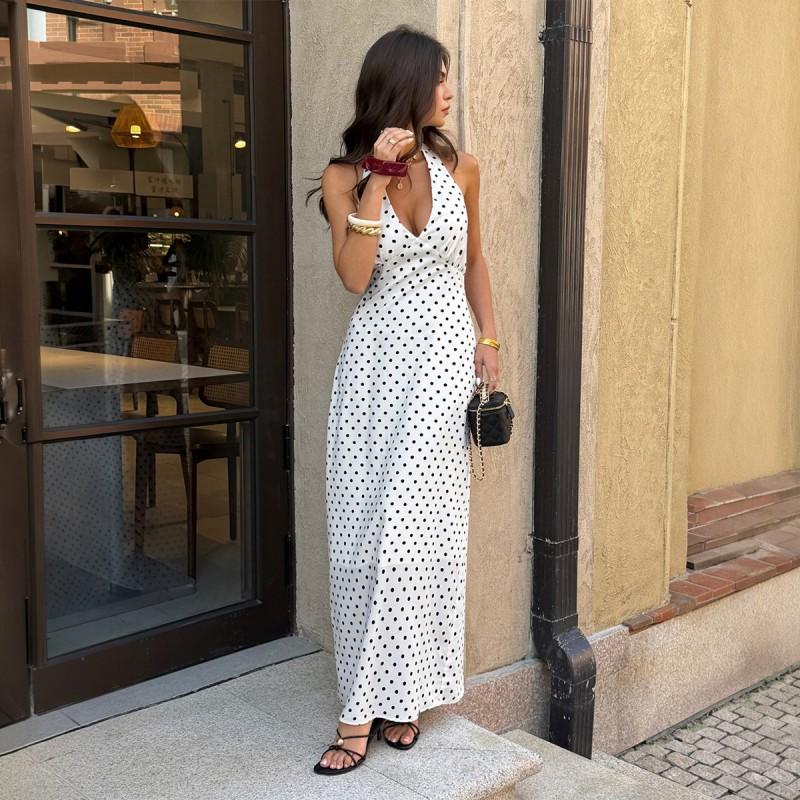2026 Womens Sleeveless Deep V-Neck Bodycon Maxi Dress With Polka Dot Print Elegant Office To Casual Wear