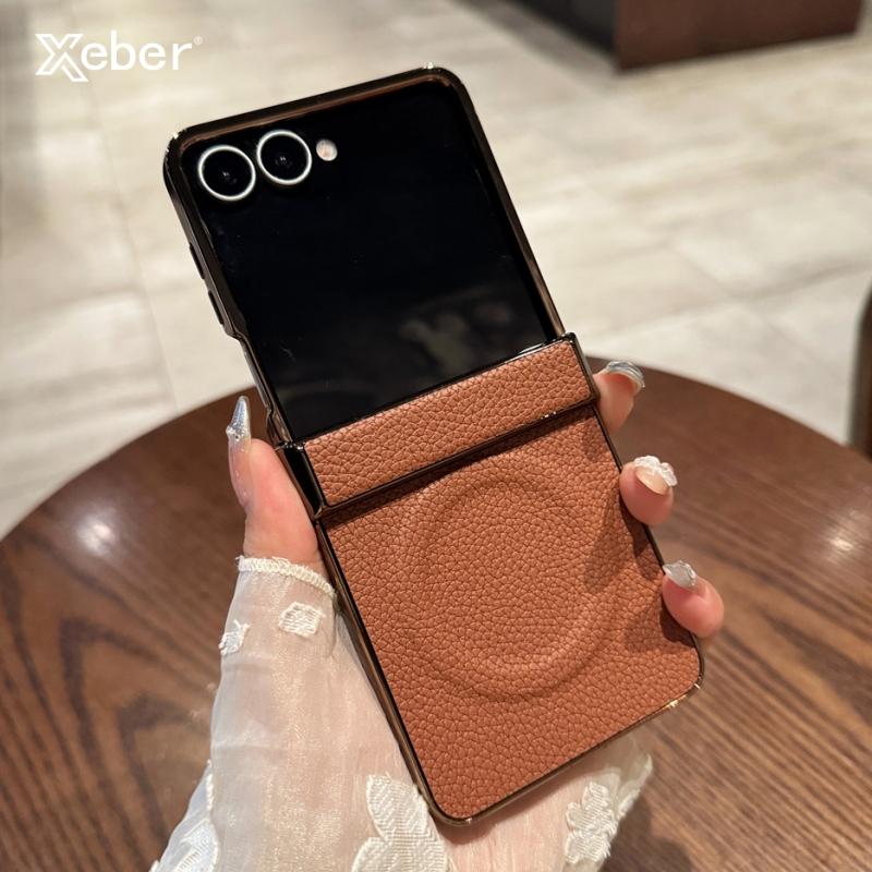 Hard Shell PU Leather With Hinge Protective Case For Samsung Galaxy Z Flip 7 6 5 4 3 For Magsafe Magnetic Wireless Charge Cover