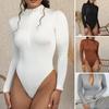 Women Autumn Winter Solid Color Bottoming Bodysuit Mock Neck Long Sleeve Zipper Half Placket Fleece Lining Skinny Fit Romper