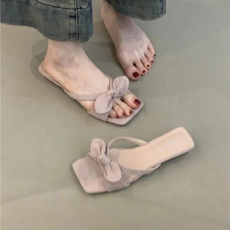 Gentle Fairy Style Butterfly Knot Low Heel Sandals Women's Summer New Coarse Heel Match Skirts Outdoor Wear Polyurethane