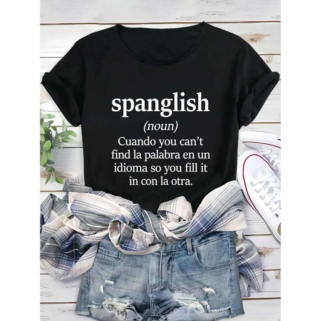 Шикарная футболка с графическим принтом на Spanglish для женщин, свободный крой, легкая летняя топ с модным круглым вырезом, удобная, дышащая