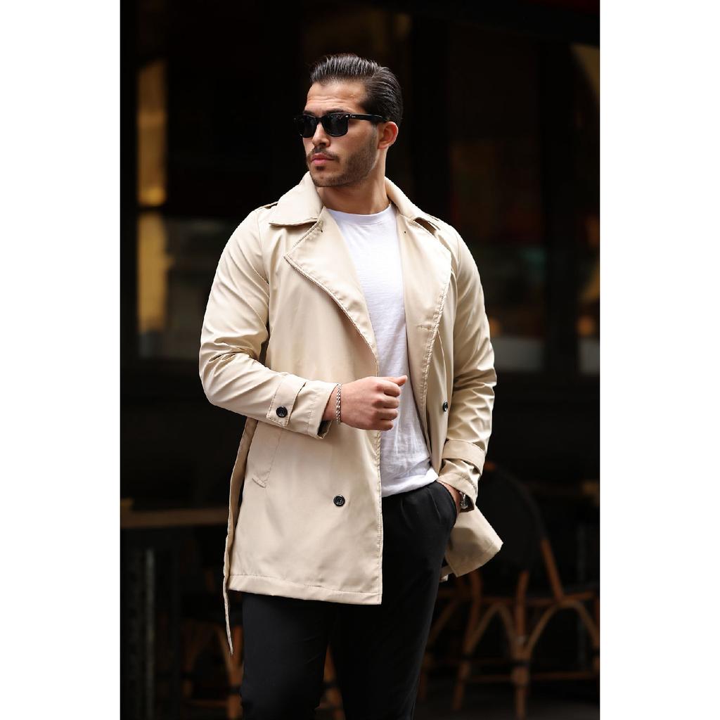 Мужской черный водо- и ветрозащитный плащ с поясом, верхнее пальто