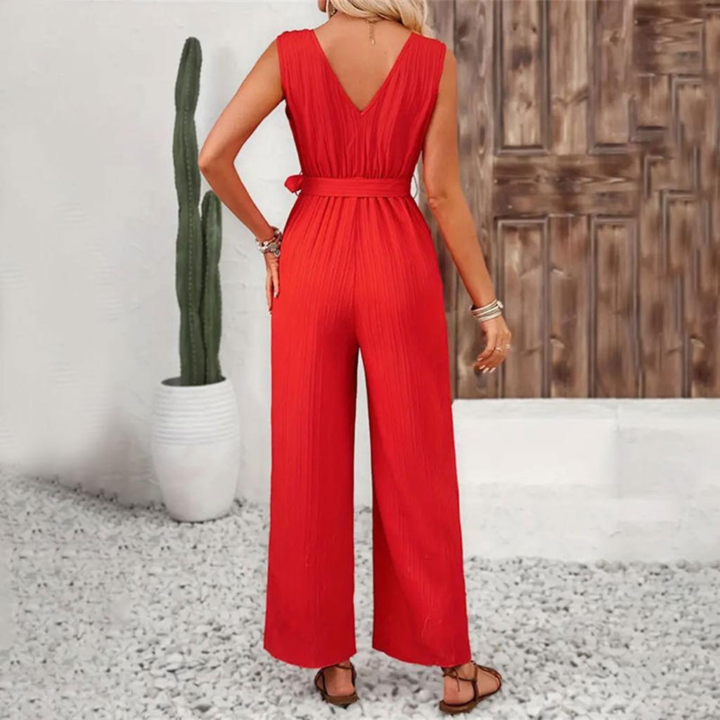 Summer Women's Ruffled Sleeveless V-neck Belt Wide Leg Straight Casual Pants Women's Jumpsuit