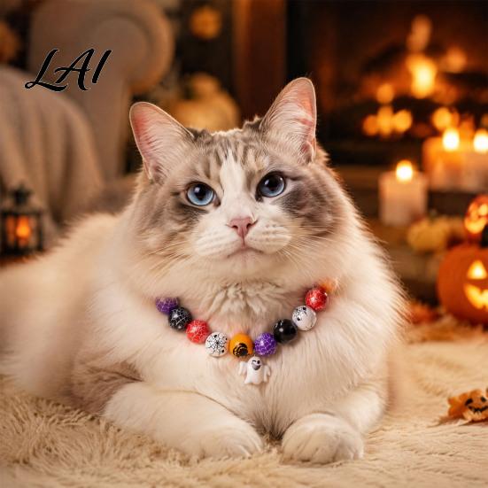 Festive Decorative Accessories for Kittens Halloween Beaded Pet Necklace Wooden Bead Cat Collar Pumpkin or Ghost Lightweight Comfortable Neck Decor