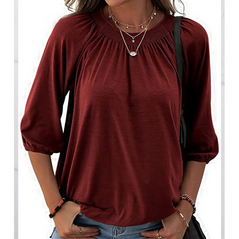 Новинка 2024 года, осенний женский повседневный свободный плиссированный однотонный пуловер с круглым вырезом и рукавом три четверти, топ