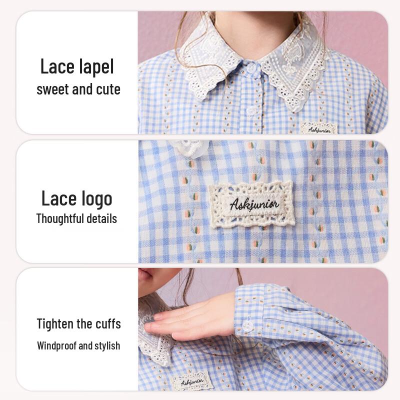ASK JUNIOR Girls' Lace Plaid Long-Sleeve Shirt