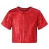 Boys Girls Sparkly Dance Crop Top Round Neck Short Sleeve Sequined Design for Performances