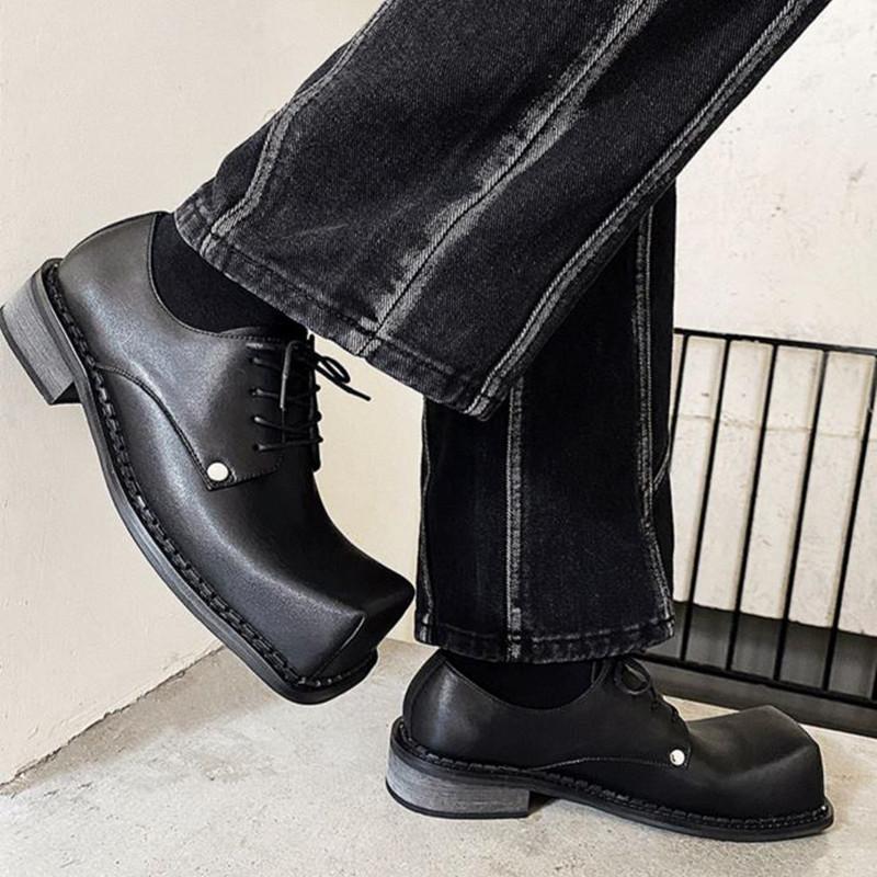 Мужская кожаная обувь Мужчины Новые квадратный носок Массивная платформа Ретро Рабочая обувь Весна Осень Дерби Обувь Низкий верх Мужские Повседневные Лоферы