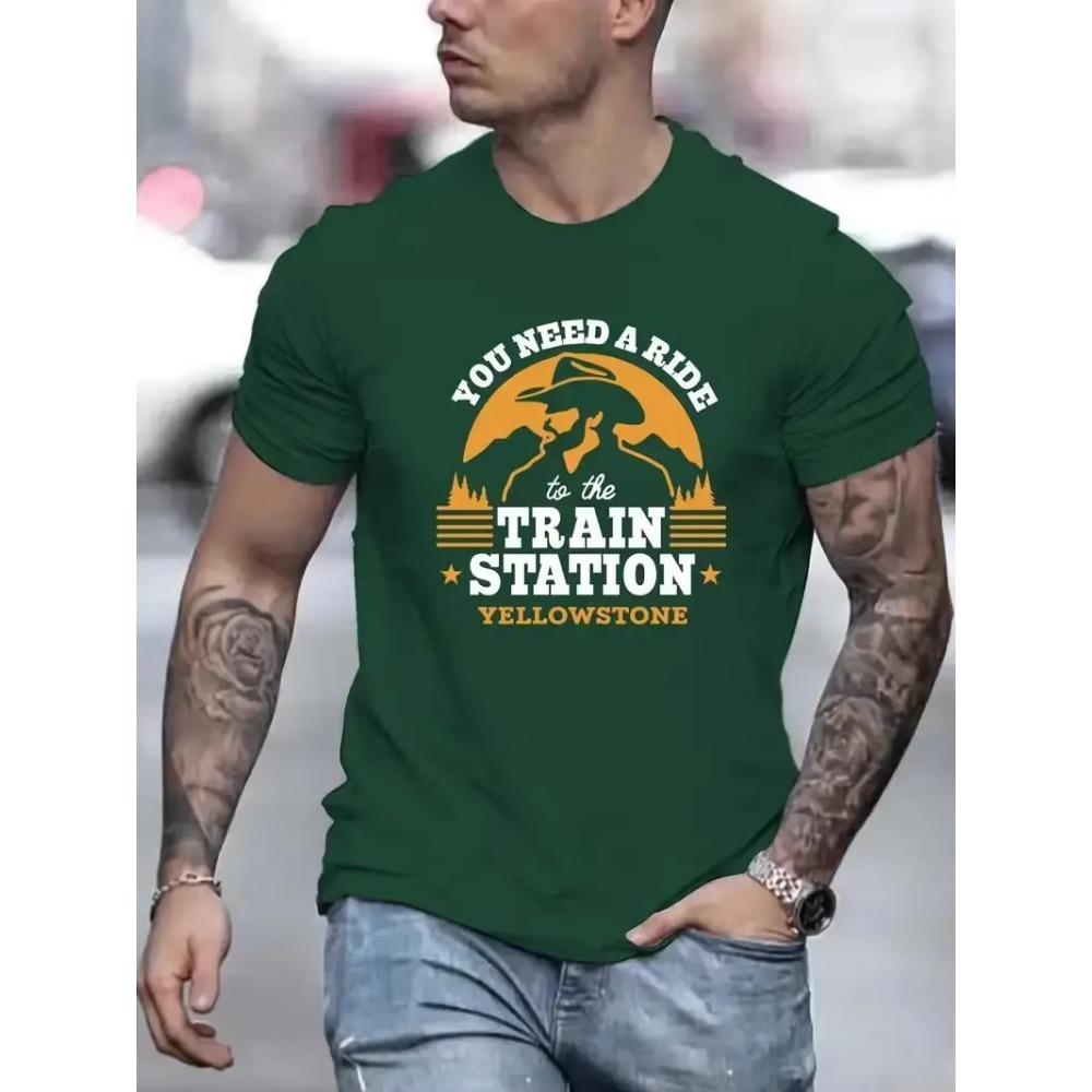 "Train Station" Pattern Cotton Printing Men's Comfortable Chic Pattern T-Shirt Men's Summer Outdoor Men'sClothing Men's Top Gift