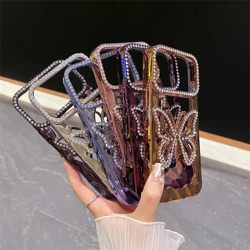 Роскошный ТПУ с гальваническим покрытием, чехол для телефона с бриллиантовой бабочкой для iPhone 17 16 15 14 13 12 11 Pro Max Plus, противоударный жесткий чехол с полым узором