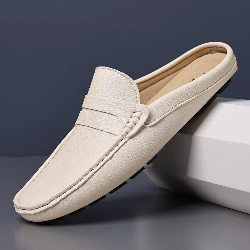 Men's Summer Genuine Leather Loafers Soft Comfortable Flat Casual Slip On Shoes Breathable Half Slippers