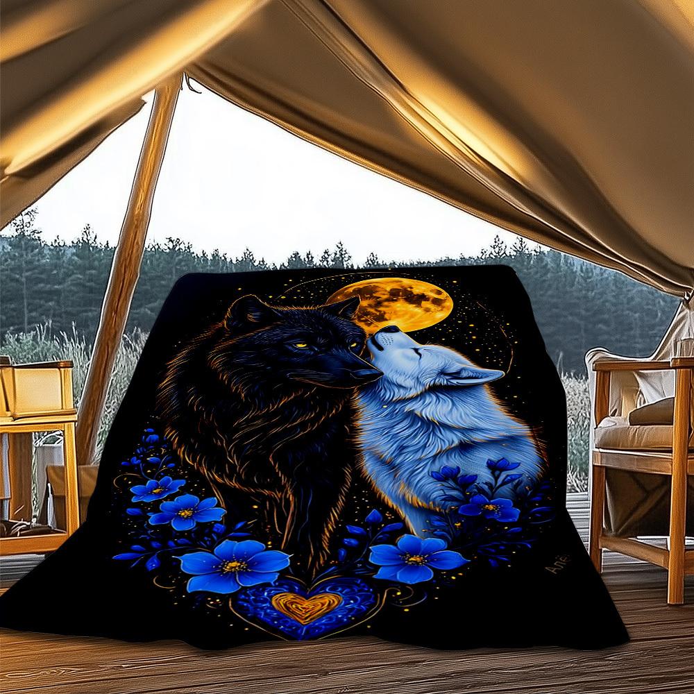 1pc Wolf Flowers Heart Throw Blanket Polyester Fiber, Lightweight Flannel, Soft & Warm, All Season Use for Outdoor, Camping Digital Print