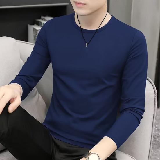 Men Top Solid Color Long Sleeve Round Neck Tee for Daily Wear Mid Length Lightweight Material Casual Style Sport Bottoming T-shirt