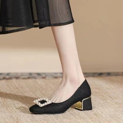 2024 Высококачественная женская обувь Слипоны Женские туфли на высоком каблуке Мода Квадратная пуговица Офис и Карьера Новые хрустальные каблуки Женские