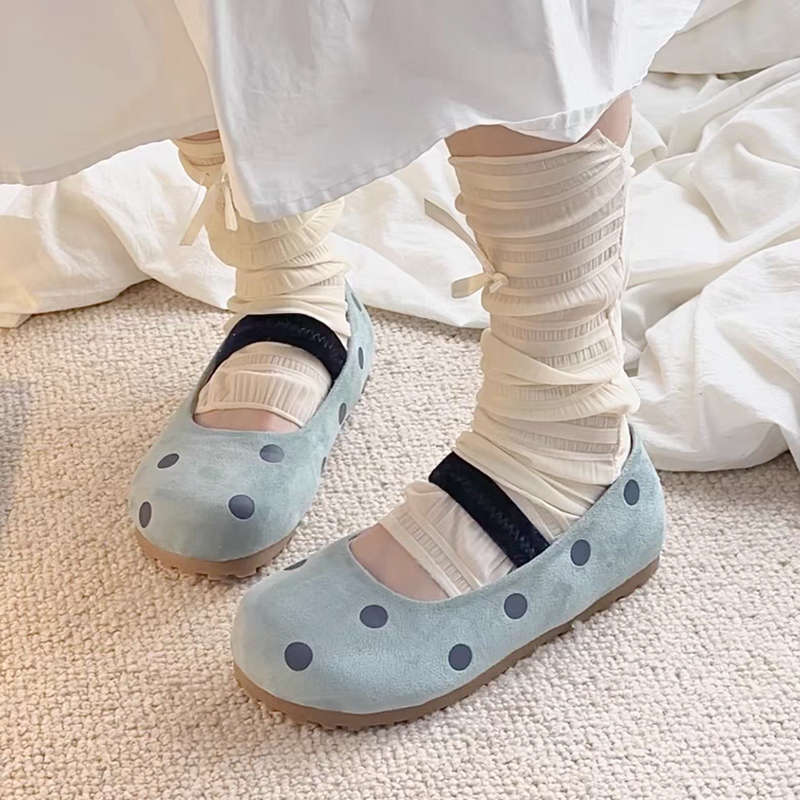 Милые маленькие горошки~ маленькие свежие туфли-лодочки с круглым носком и неглубоким вырезом, с юбкой, женские туфли на низком каблуке с мягкой подошвой, Мэри Джейн на одной педали