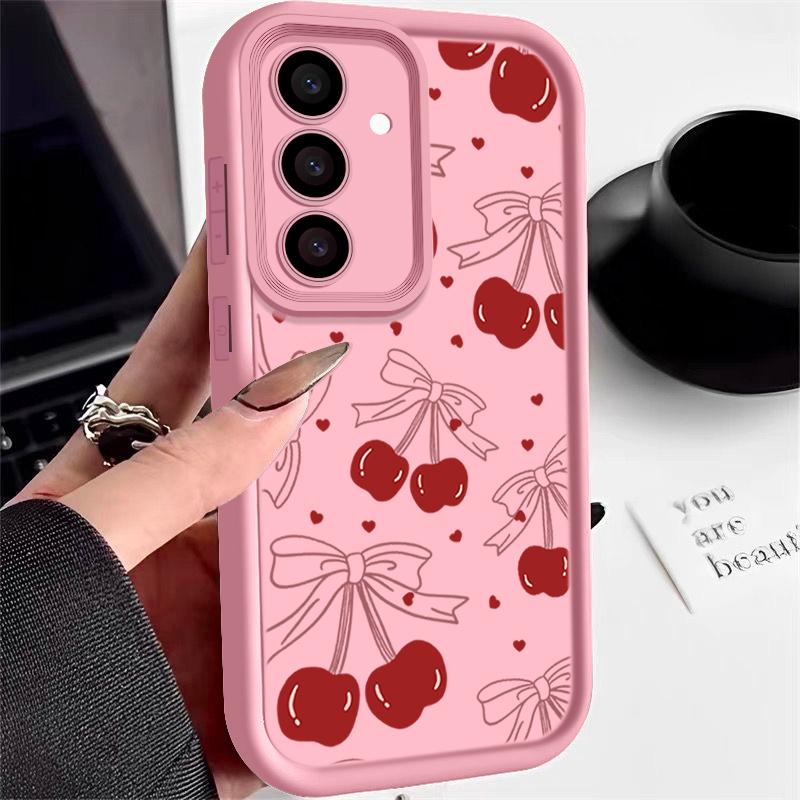 Cherry Pattern Matte Soft Case For Smausng S25 Plus S24 FE S23 Ultra A36 A56 A16 A26 A15 A55 A35 A06 Lens Protection Shockproof TPU Phone Cover