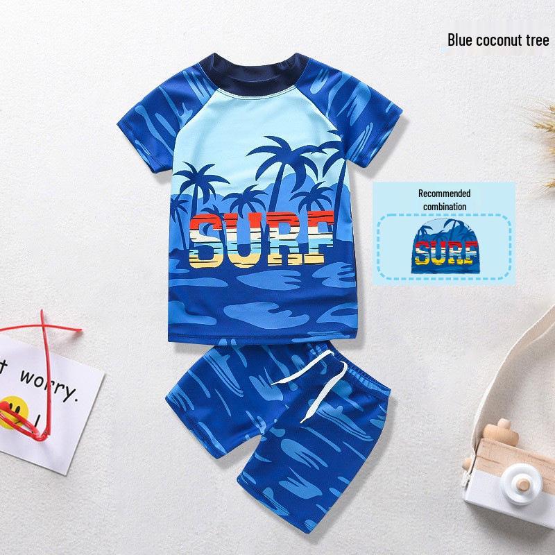 Комплект мультяшного купальника для мальчиков 2024: Топ с коротким рукавом, Раздельный костюм, Шапочка для плавания и Плавки