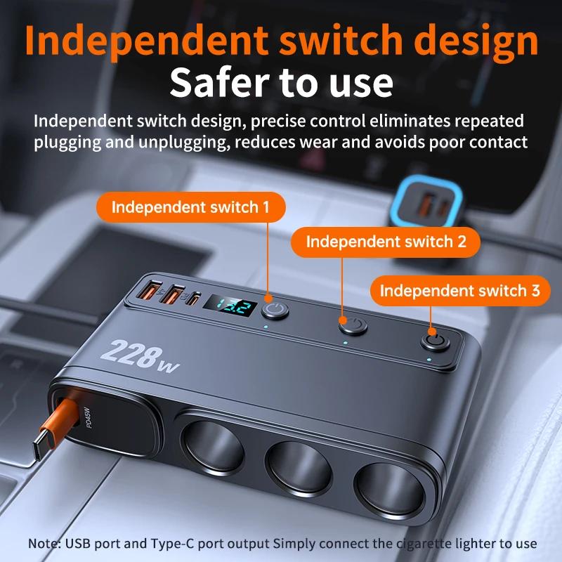 Автомобильный разветвитель-зарядное устройство 228 Вт 9 в 1 PD QC3.0 Адаптер быстрой зарядки с независимыми переключателями 3 гнезда прикуривателя 12 В 24 В