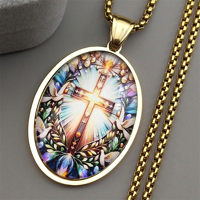 Dove Pigeon Cross Neck Chain For Women Men Stainless Steel Gold Color Glass Leaf Religion Catholic Necklace Jewelry Gifts