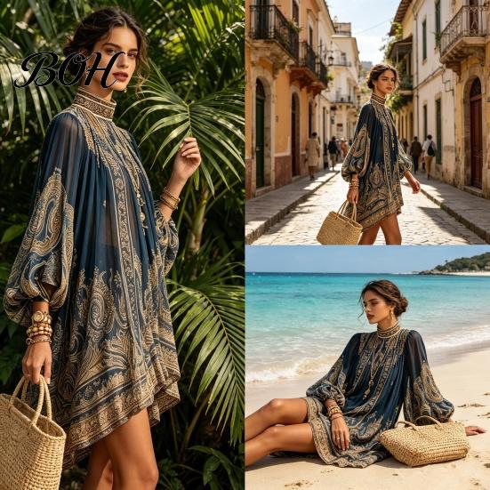Smocked Neckline Dress Boho Floral Print High Neck Irregular Chiffon Mini for Women, Short Front Long Back Sleeve Flowy Party Cocktail Dress,