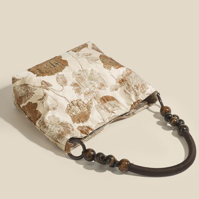 IELGY Caramel Macchiato Retro Jacquard Underarm Bag New Chinese Style Wooden Bead Braided Chain Shoulder Bucket Bag
